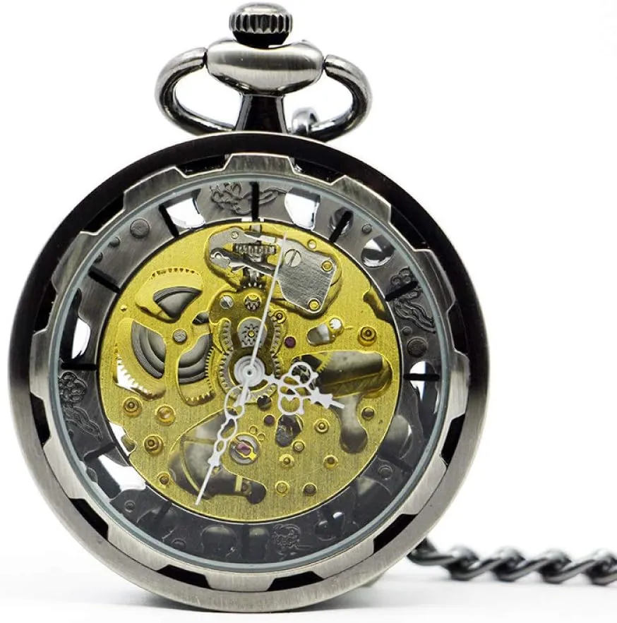 Open Face Roman Numerals reverse Hand Wind Mechanical Pocket Watch FOB Chain Pocket Watch Brand Steampunk Skeleton Transparent 