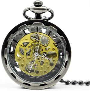 Open Face Roman Numerals reverse Hand Wind Mechanical Pocket Watch FOB Chain Pocket Watch Brand Steampunk Skeleton Transparent 