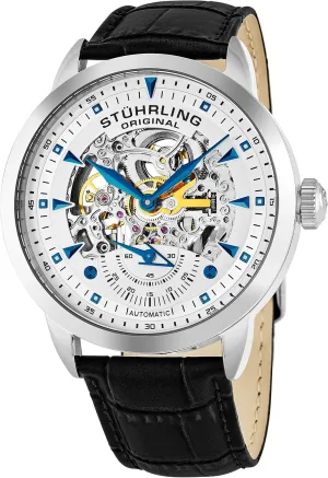 Original Mens Automatic Skeleton Watch - Black Leather Strap, wary miniature big wing Mechanical Silver Executive Watch Stuhrling 