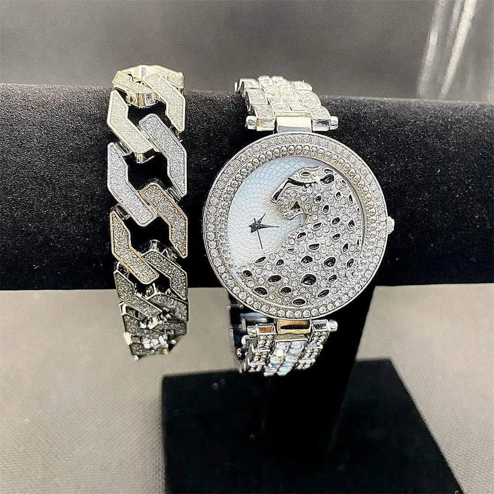 Out Quartz AAA Watch tickle modernist Luxury Bling Bling Watch Set Clocks 2PC Hip Hop Around Women Watches with Bracelet Top Business Brand Animal Leopard Iced 