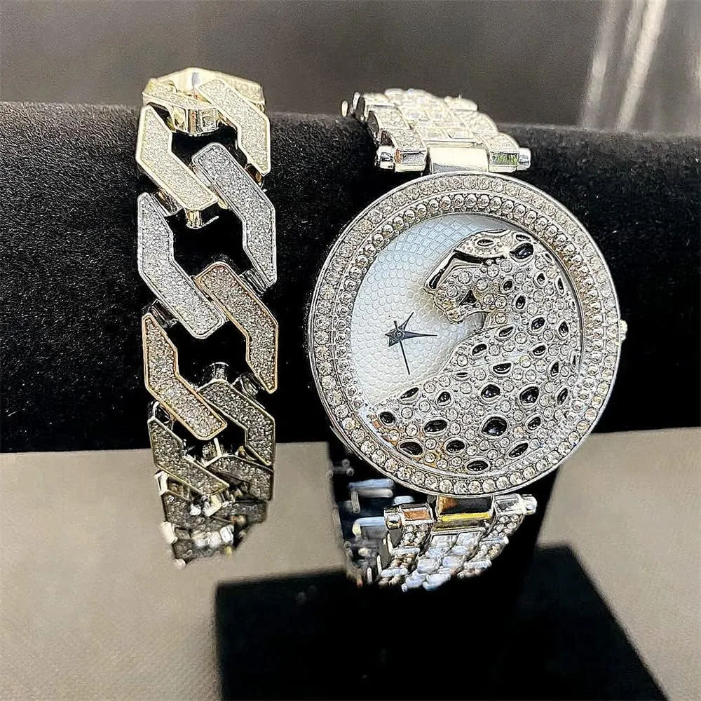 Out Quartz AAA Watch tickle modernist Luxury Bling Bling Watch Set Clocks 2PC Hip Hop Around Women Watches with Bracelet Top Business Brand Animal Leopard Iced 