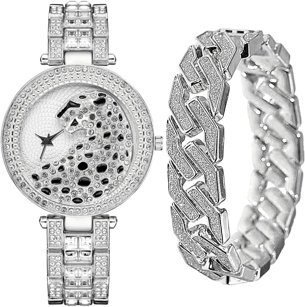 Out Quartz AAA Watch tickle modernist Luxury Bling Bling Watch Set Clocks 2PC Hip Hop Around Women Watches with Bracelet Top Business Brand Animal Leopard Iced 