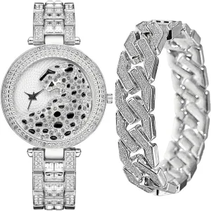 Out Quartz AAA Watch tickle modernist Luxury Bling Bling Watch Set Clocks 2PC Hip Hop Around Women Watches with Bracelet Top Business Brand Animal Leopard Iced 