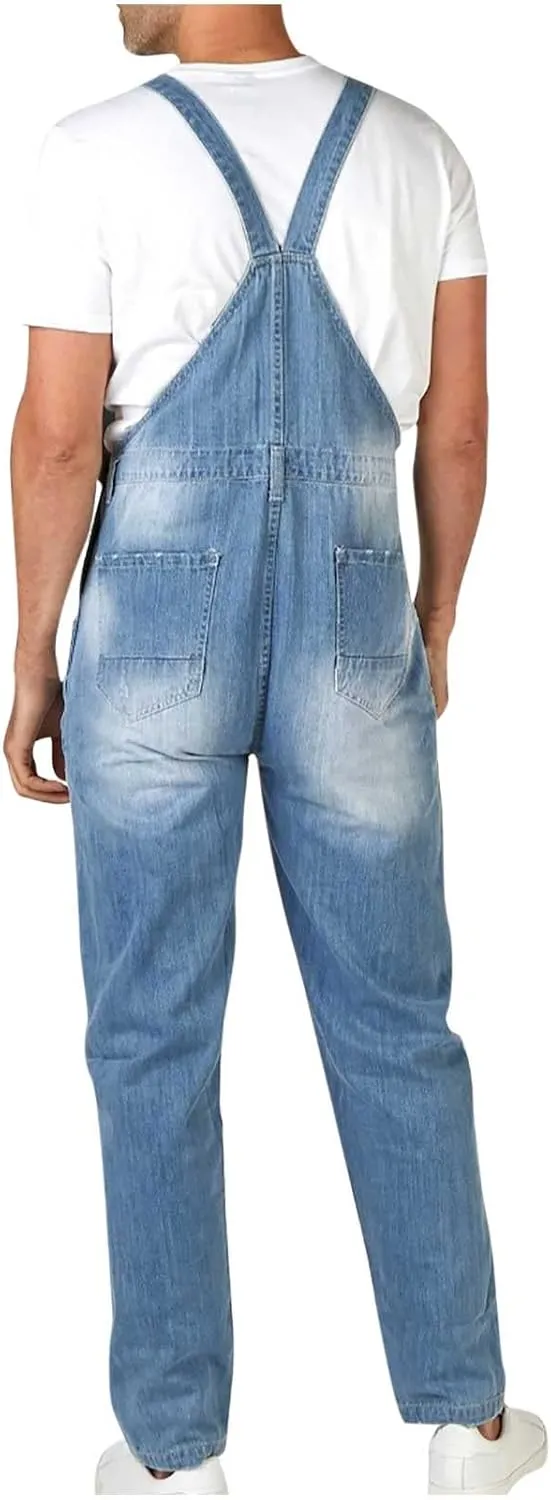Overalls Jeans Fashion Ripped Bootcut Trousers Casual Slim Fit Adjustable claim Straps Jumpsuit Men's Denim Bib 