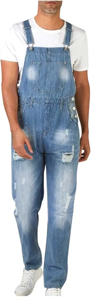 Overalls Jeans Fashion Ripped Bootcut Trousers Casual Slim Fit Adjustable claim Straps Jumpsuit Men's Denim Bib 