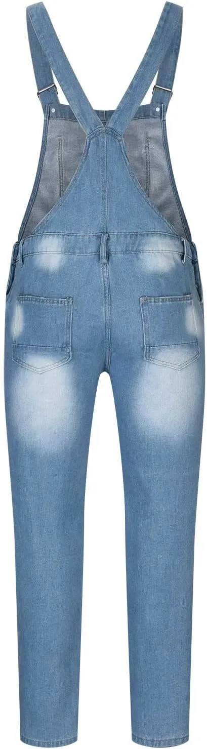 Overalls Jeans Fashion Ripped Bootcut Trousers Casual Slim Fit Adjustable claim Straps Jumpsuit Men's Denim Bib 