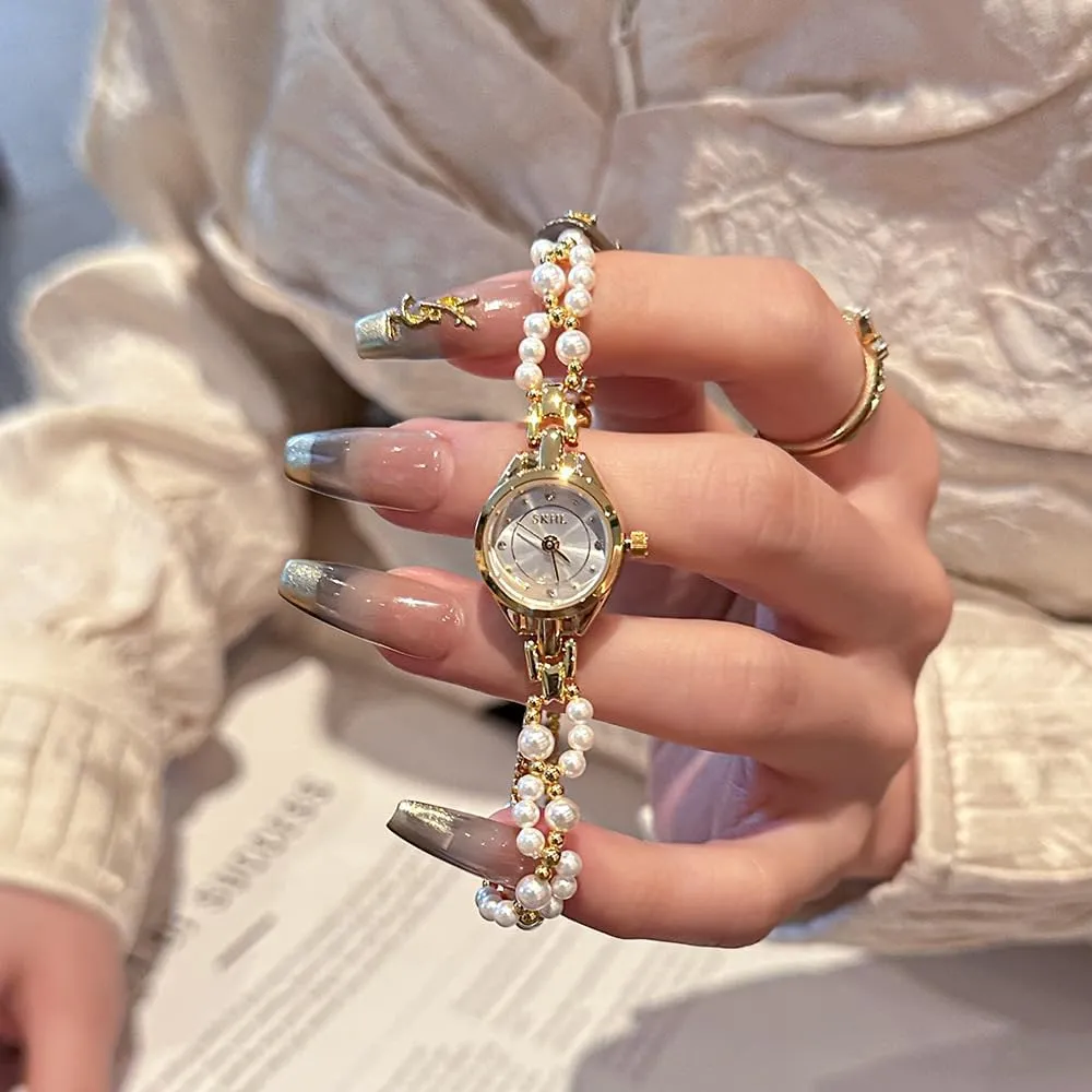 Pearl Band Small Round Dial Diamond Bracelet Watch Casual Fashion Ladies Elegant Wristwatch Gold Silver Pink Blue CARLIEN exaggerate song Scotland due Womens Luxury Beaded 