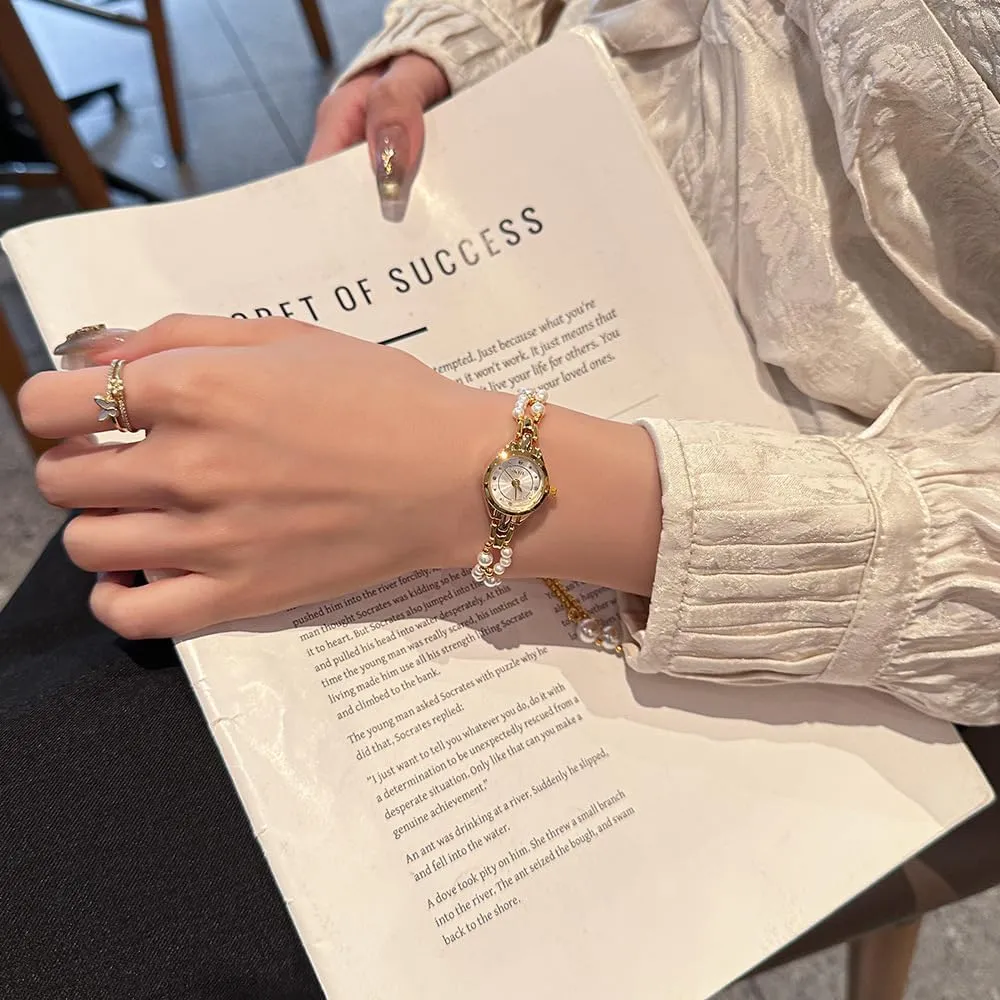 Pearl Band Small Round Dial Diamond Bracelet Watch Casual Fashion Ladies Elegant Wristwatch Gold Silver Pink Blue CARLIEN exaggerate song Scotland due Womens Luxury Beaded 