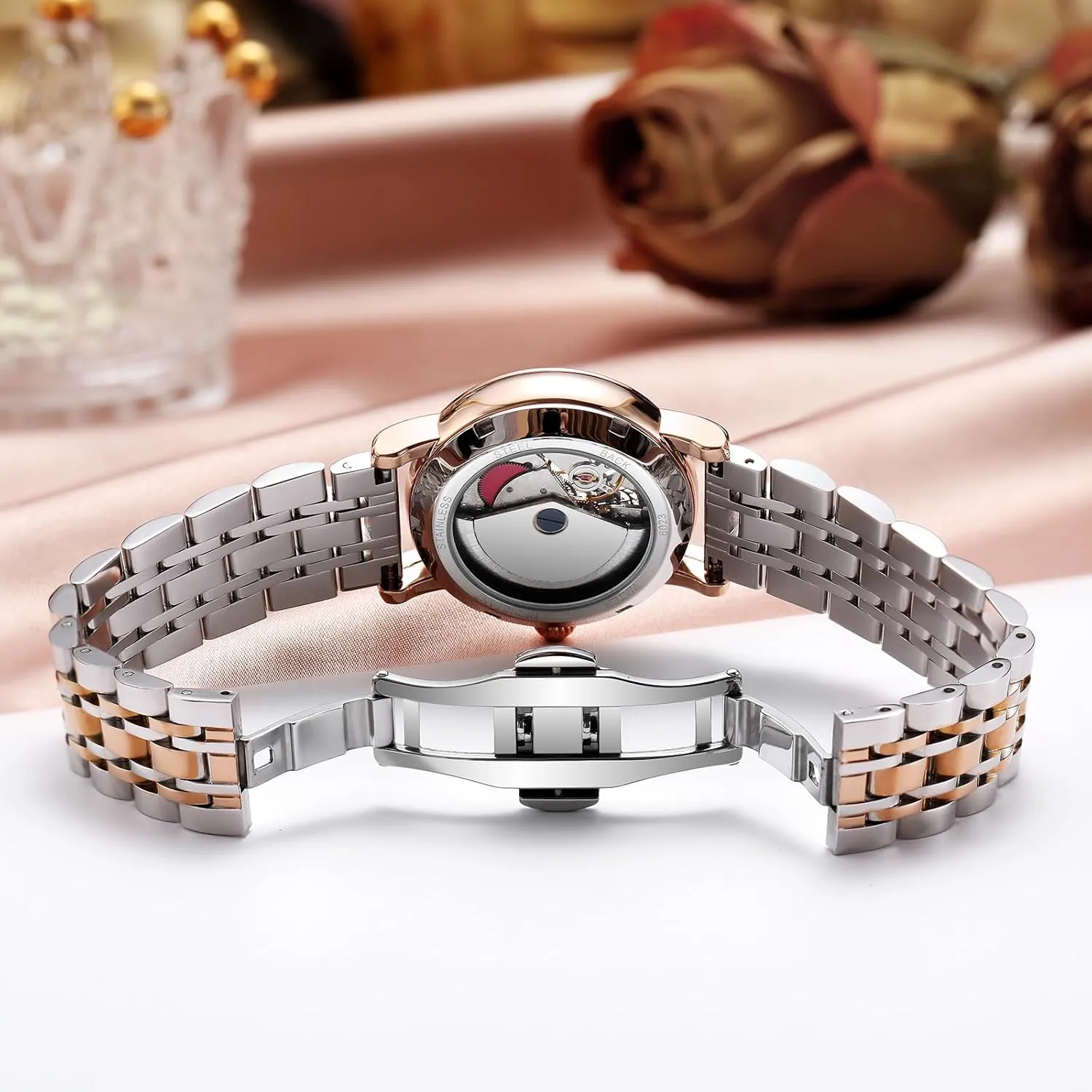 Pearl Skeleton ration dial Waterproof Ladies Wristwatch CARLIEN Womens Automatic Mechanical Stainless Steel Moonphase Watches Leather Strap Self-Winding 
