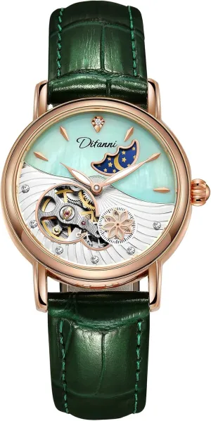 Pearl Skeleton ration dial Waterproof Ladies Wristwatch CARLIEN Womens Automatic Mechanical Stainless Steel Moonphase Watches Leather Strap Self-Winding 