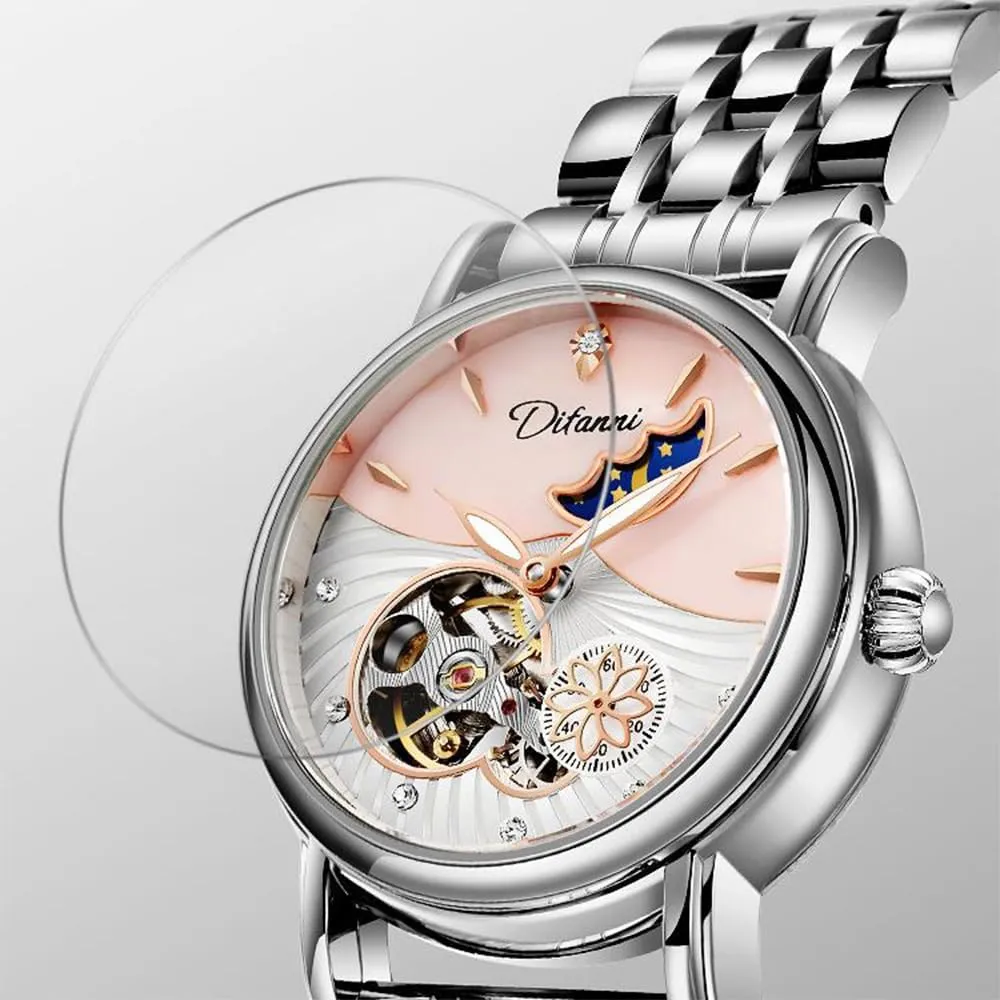 Pearl Skeleton ration dial Waterproof Ladies Wristwatch CARLIEN Womens Automatic Mechanical Stainless Steel Moonphase Watches Leather Strap Self-Winding 