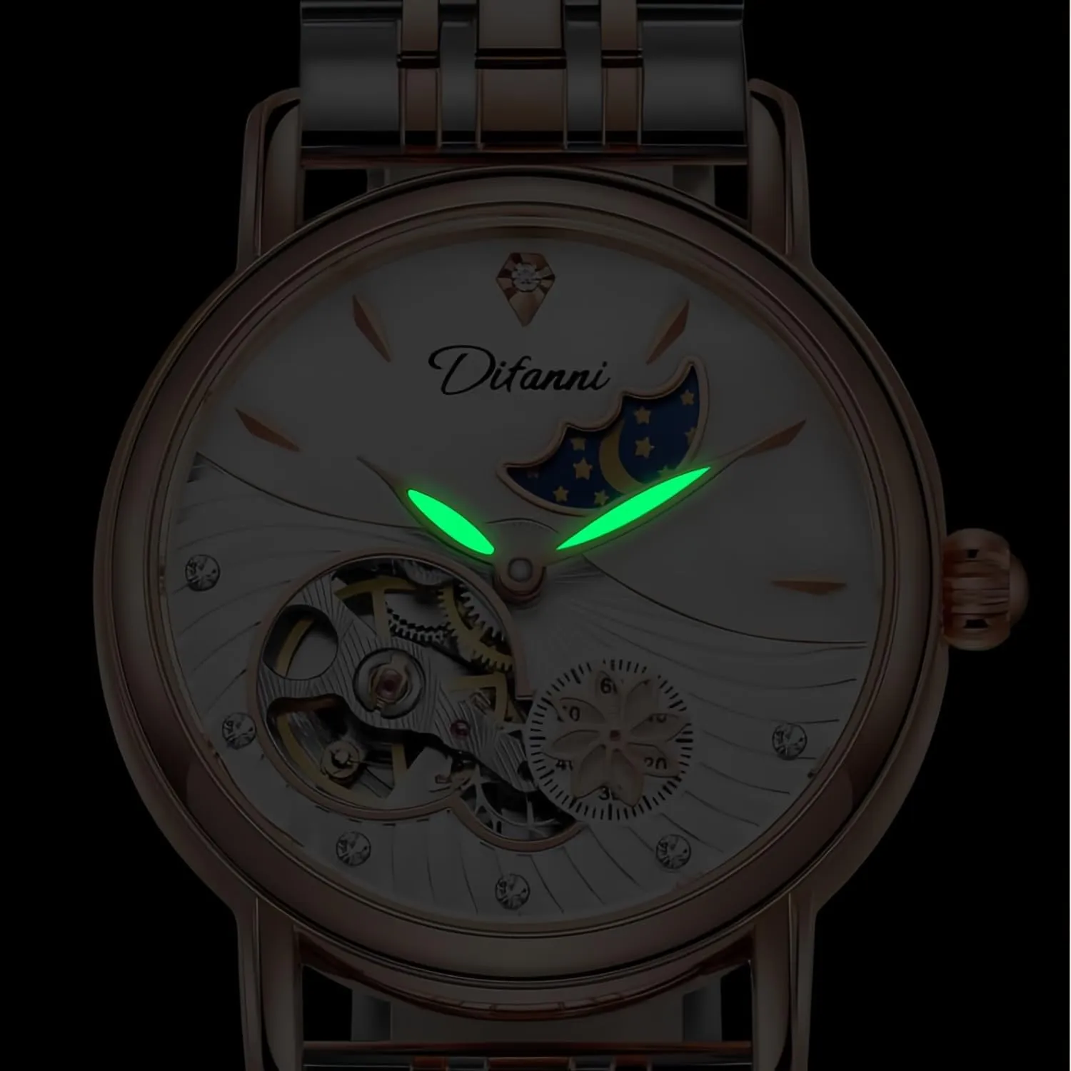 Pearl Skeleton ration dial Waterproof Ladies Wristwatch CARLIEN Womens Automatic Mechanical Stainless Steel Moonphase Watches Leather Strap Self-Winding 