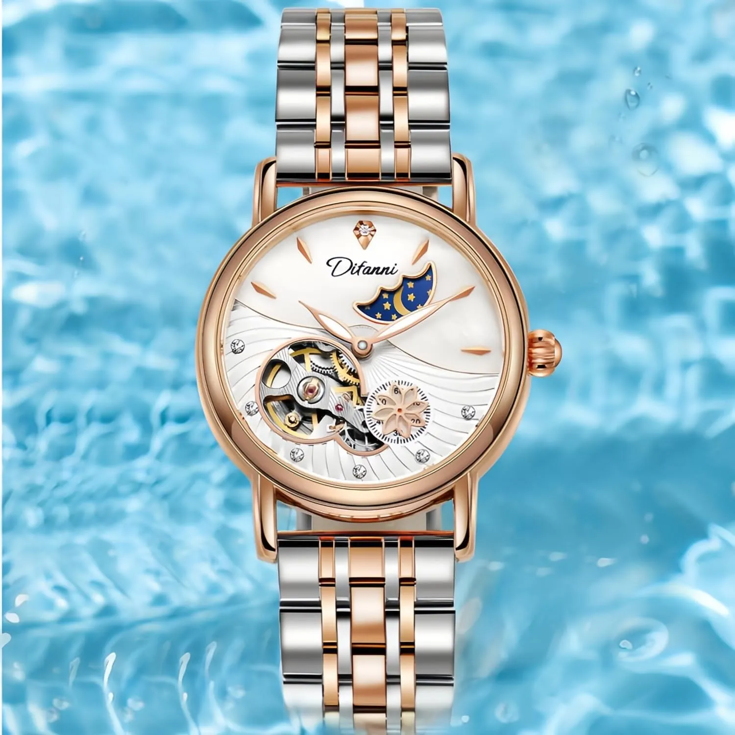 Pearl Skeleton ration dial Waterproof Ladies Wristwatch CARLIEN Womens Automatic Mechanical Stainless Steel Moonphase Watches Leather Strap Self-Winding 