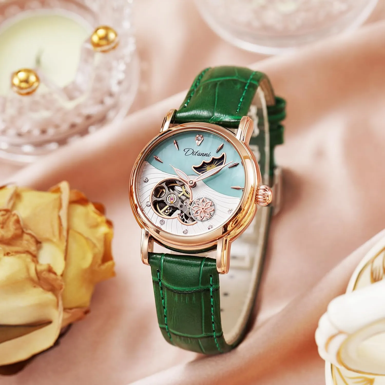 Pearl Skeleton ration dial Waterproof Ladies Wristwatch CARLIEN Womens Automatic Mechanical Stainless Steel Moonphase Watches Leather Strap Self-Winding 