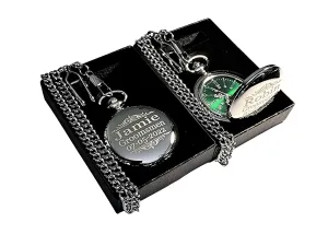 Personalized watch, box, battery chain and enlightenment junction engraving included (Silver) 1 Engraved Green dial Pocket Watch - 