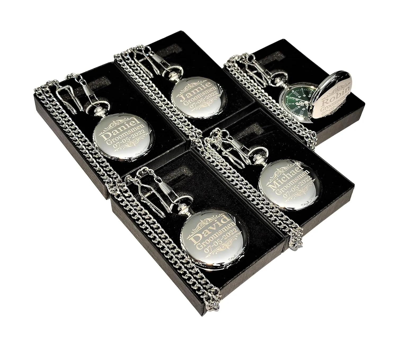 Personalized watch, box, battery chain and enlightenment junction engraving included (Silver) 1 Engraved Green dial Pocket Watch - 