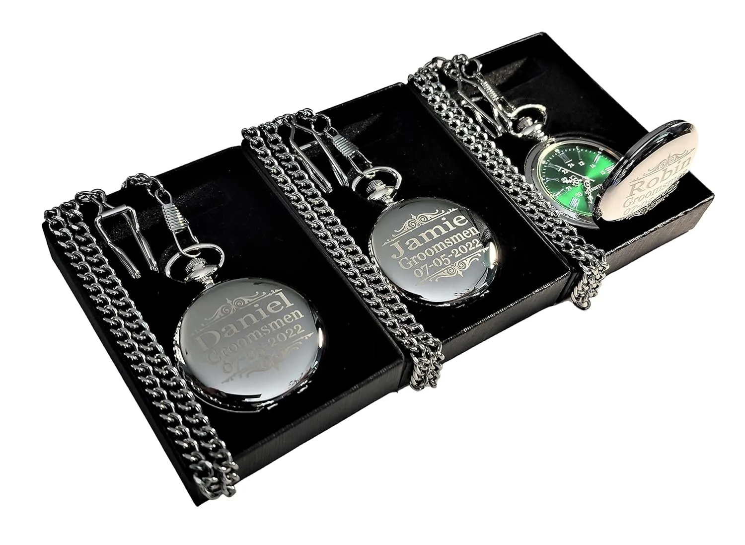 Personalized watch, box, battery chain and enlightenment junction engraving included (Silver) 1 Engraved Green dial Pocket Watch - 