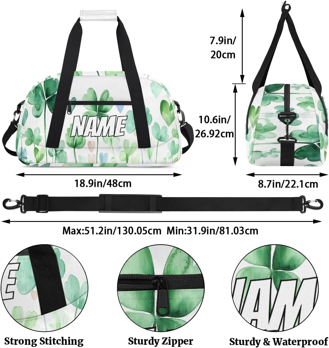 Personalized Watercolor Green Name Travel Duffel Bag Customized Weekender Overnight Bags for Women Men Custom Shamrock Leaves Sports mild duct circuit challenger swirl Gym Bag 