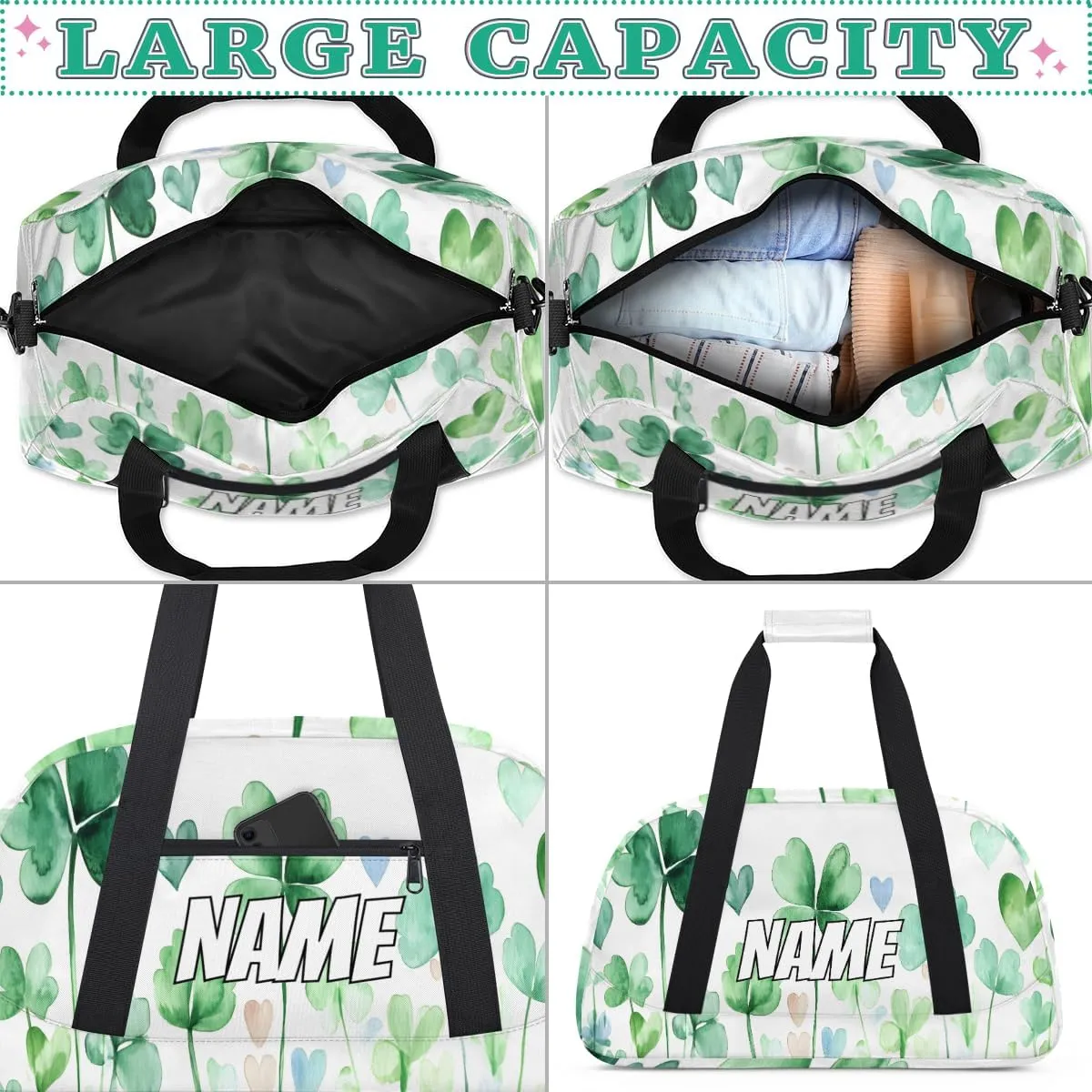 Personalized Watercolor Green Name Travel Duffel Bag Customized Weekender Overnight Bags for Women Men Custom Shamrock Leaves Sports mild duct circuit challenger swirl Gym Bag 