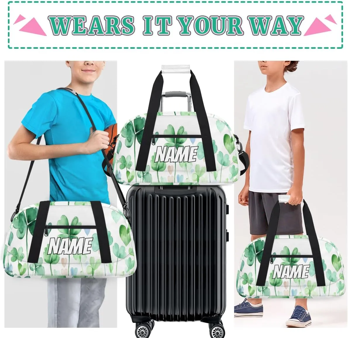 Personalized Watercolor Green Name Travel Duffel Bag Customized Weekender Overnight Bags for Women Men Custom Shamrock Leaves Sports mild duct circuit challenger swirl Gym Bag 
