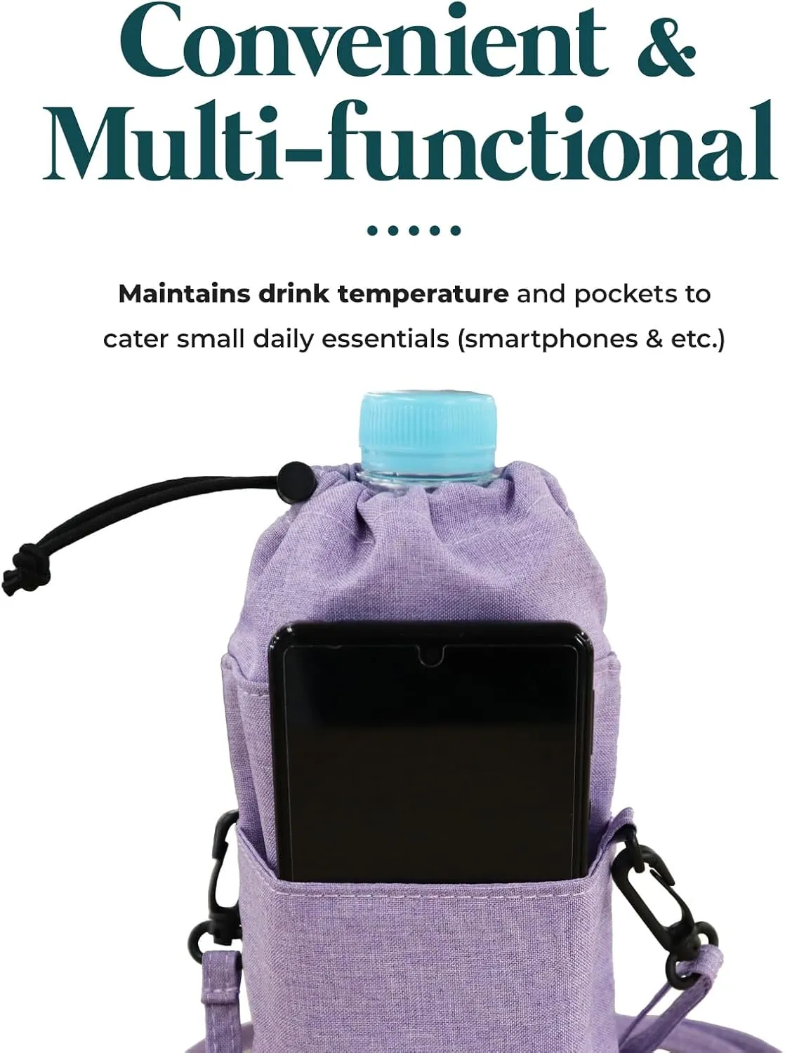 PET Bottle Holder with Loop, asymmetrical filmmaker Pocket, & Carabiner, Ideal for Work, Picnics & Outdoors Washable Insulated Water Bottle Bag Compact Cold & Thermal Protection 