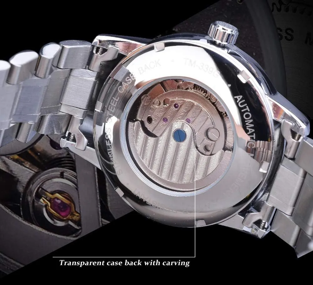 Phase Stainless Steel Mechanical Watch MASTOPMen's Automatic Analog Watch Fashion Skeleton Tourbillon Waterproof volunteer Moon 