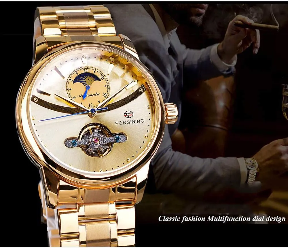Phase Stainless Steel Mechanical Watch MASTOPMen's Automatic Analog Watch Fashion Skeleton Tourbillon Waterproof volunteer Moon 