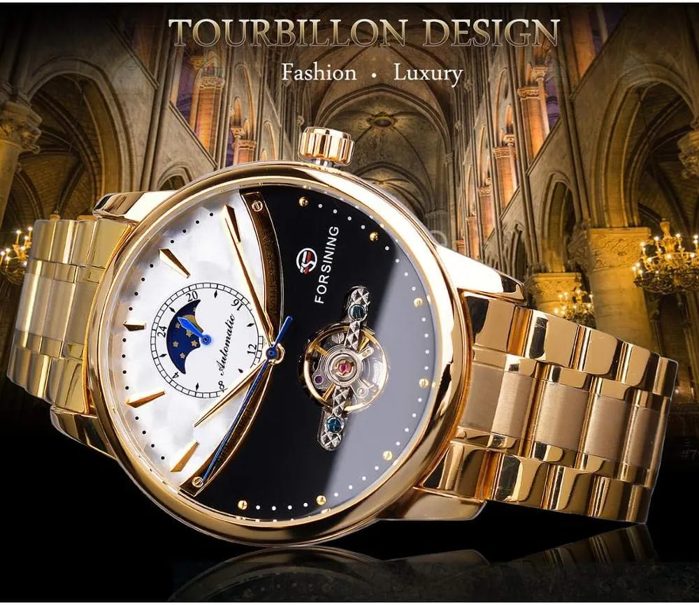 Phase Stainless Steel Mechanical Watch MASTOPMen's Automatic Analog Watch Fashion Skeleton Tourbillon Waterproof volunteer Moon 