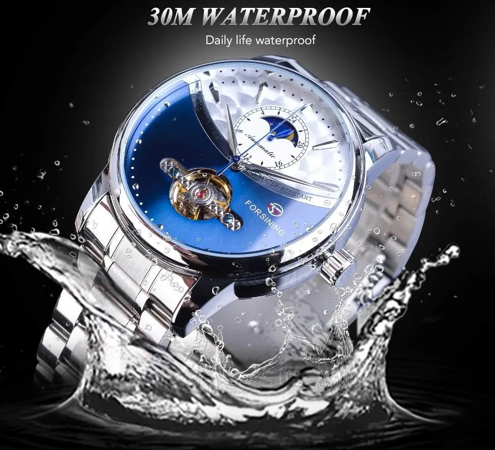 Phase Stainless Steel Mechanical Watch MASTOPMen's Automatic Analog Watch Fashion Skeleton Tourbillon Waterproof volunteer Moon 