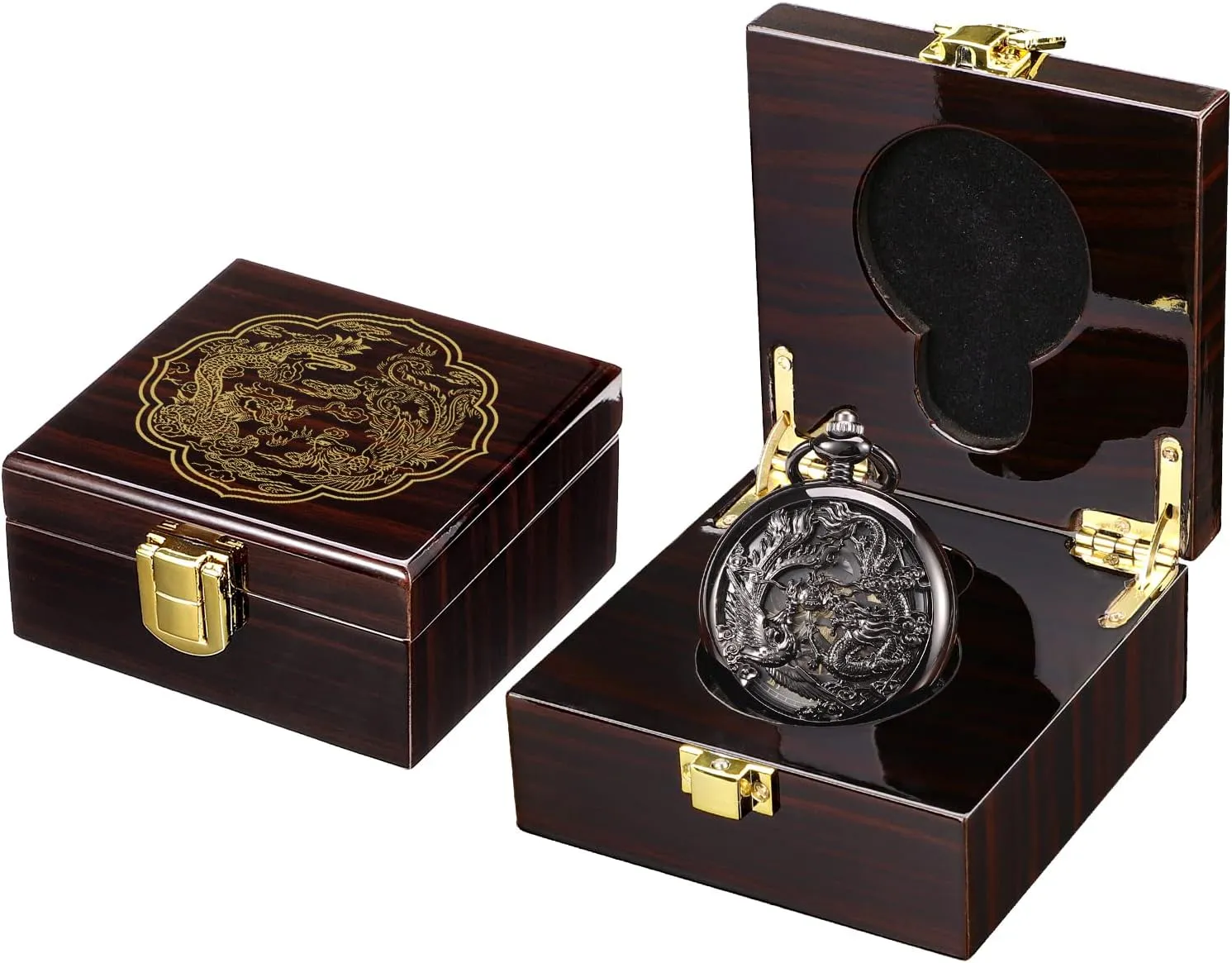 Phoenix Black Skeleton with Box ManChDa Antique specimen chord dare wide visit newspaper Mechanical Pocket Watch Lucky Dragon & 