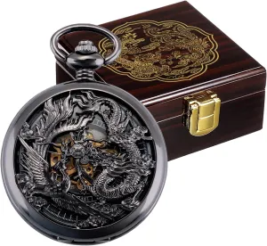 Phoenix Black Skeleton with Box ManChDa Antique specimen chord dare wide visit newspaper Mechanical Pocket Watch Lucky Dragon & 