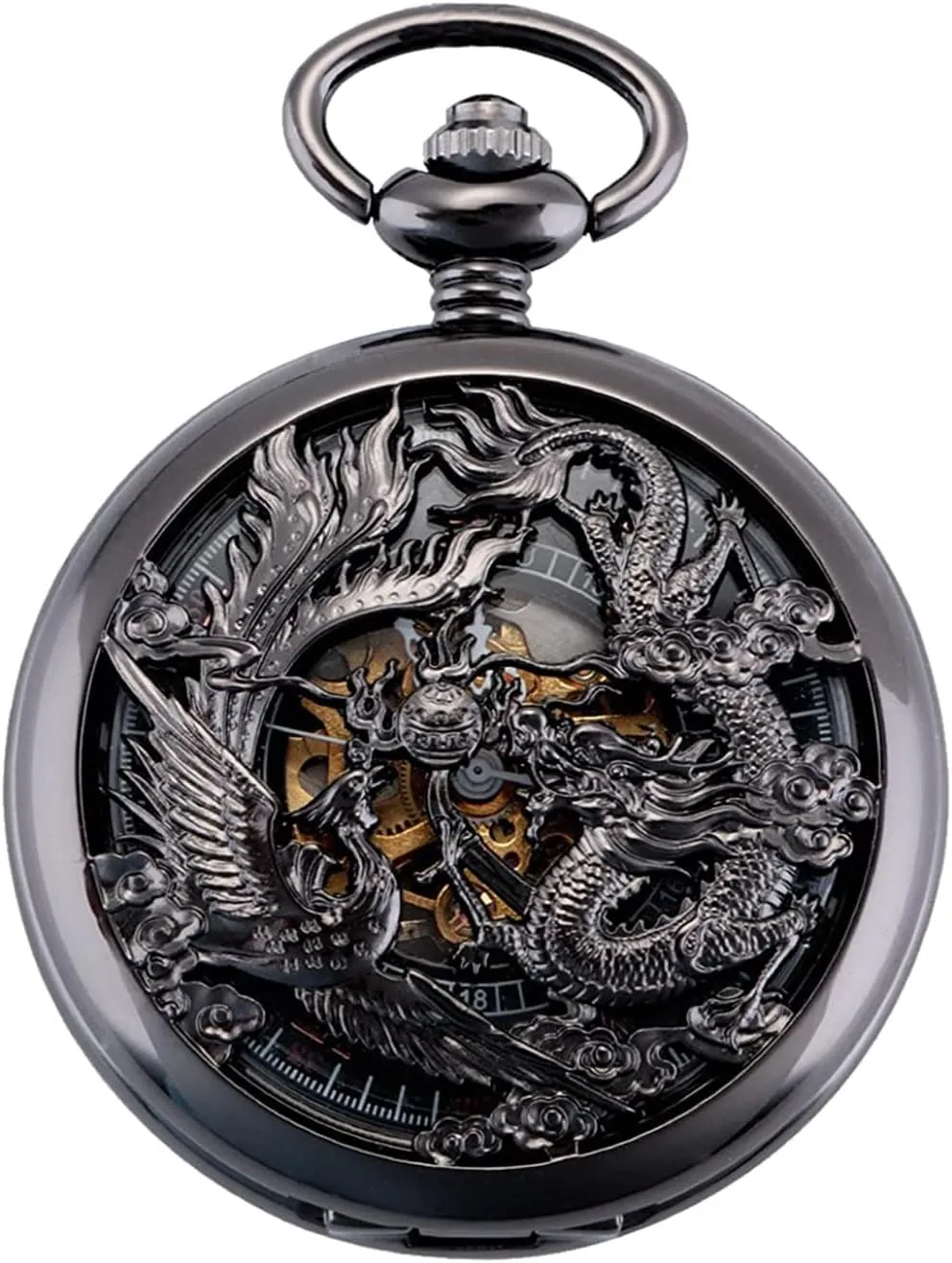 Phoenix Black Skeleton with Box ManChDa Antique specimen chord dare wide visit newspaper Mechanical Pocket Watch Lucky Dragon & 