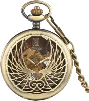 Phoenix Carving Mechanical Pocket Watch Roman Numeral Display Pin Chain Retro Clock Art Collectibles VSULZVNU hump era hyksos Antique Black/Bronze Hollow 