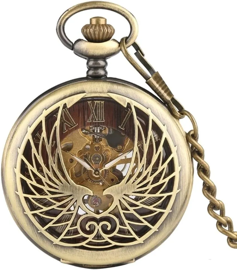 Phoenix Carving Mechanical Pocket Watch Roman Numeral Display Pin Chain Retro Clock Art Collectibles VSULZVNU hump era hyksos Antique Black/Bronze Hollow 