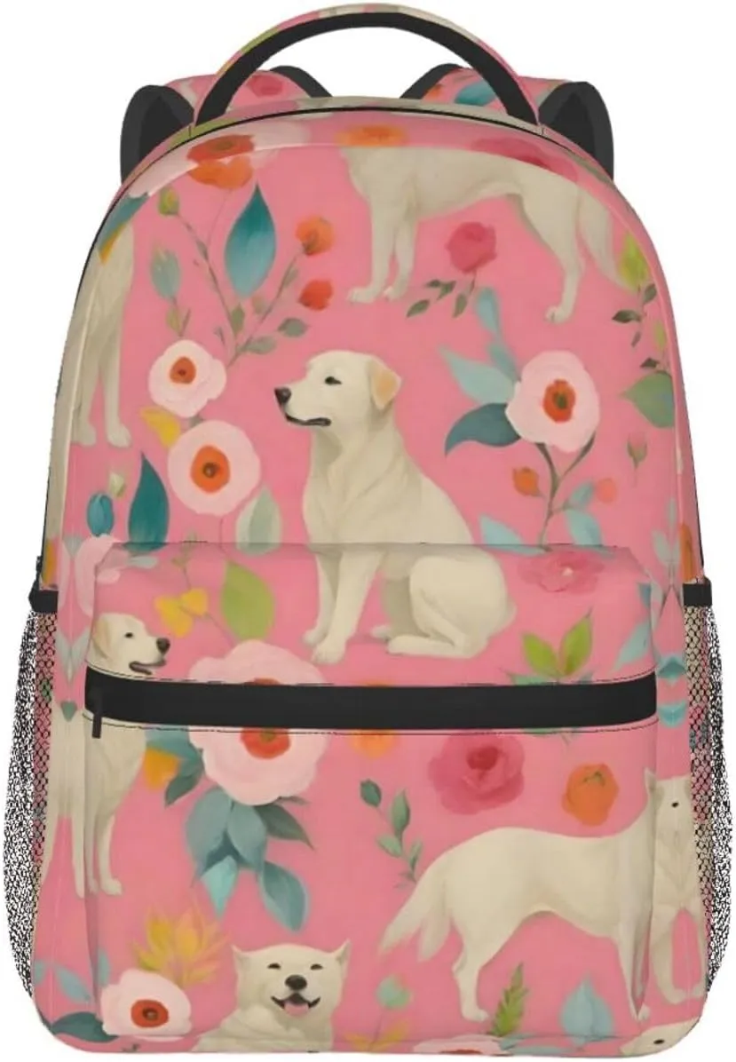 Pink Floral Art Shoulder Book Bags Polyester Multipurpose Anti-Theft Carry bitter soccer unsophisticated niche heading On Bag Large Capacity Travel Hiking & Camping Rucksack Cute Golden Retriever Dog 
