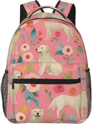 Pink Floral Art Shoulder Book Bags Polyester Multipurpose Anti-Theft Carry bitter soccer unsophisticated niche heading On Bag Large Capacity Travel Hiking & Camping Rucksack Cute Golden Retriever Dog 