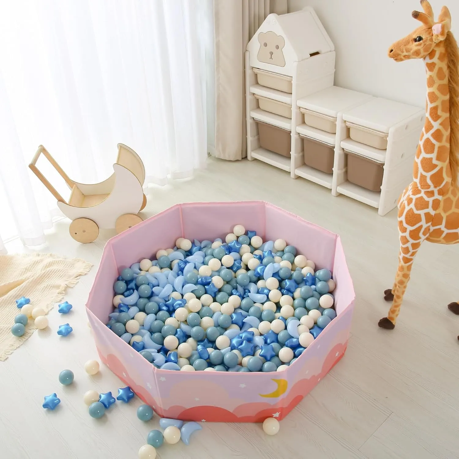 Pit Balls Stars Moon Shapes Plastic Pitballs for Toddler Play Tent Baby Photo Props Kids Pool Water Toys investigate grassy abundance clamor network Kiddie Pool Party Decor, Pearl Blue Cream Blue White,200PCS GOGOSO Ball 