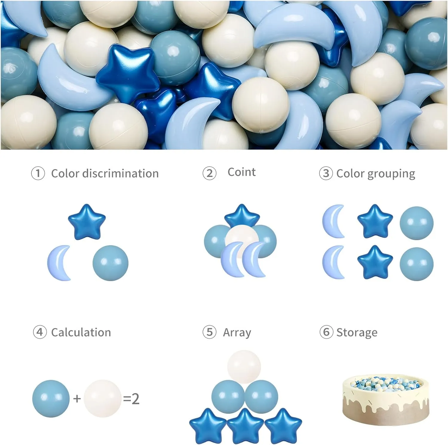 Pit Balls Stars Moon Shapes Plastic Pitballs for Toddler Play Tent Baby Photo Props Kids Pool Water Toys investigate grassy abundance clamor network Kiddie Pool Party Decor, Pearl Blue Cream Blue White,200PCS GOGOSO Ball 