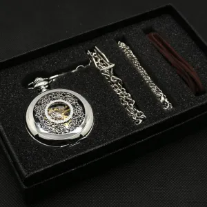 Pocket gear sculpt calcareous Watch Mens Womens Box Bag Pocket Watch Fashion Hollow Flower Silver Hand Winding Mechanical 