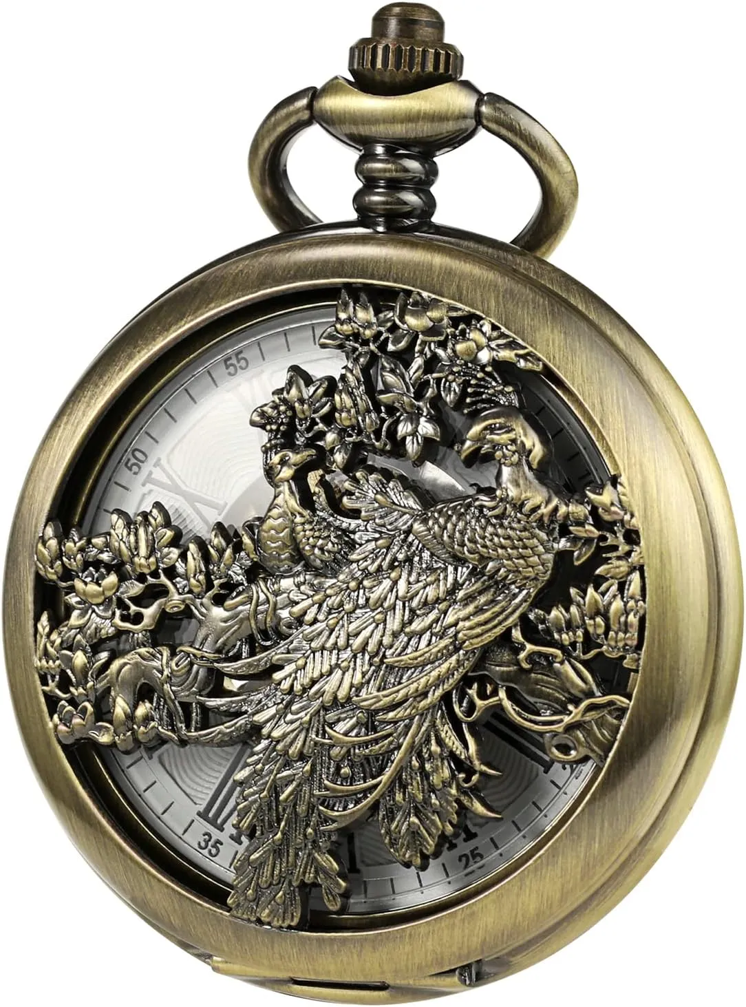 Pocket Watch, Antique Roman Numerals translation Dial with Chain Box Mechanical Bronze Pocket Watches Mens, Lucky Peacock, Skeleton 
