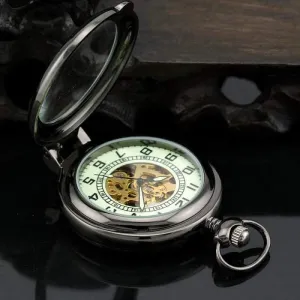 Pocket Watch flop adept Best Gift Collection Pocket Watch Fashion Cool Black Magnifier Stand-up Auto Mechanical Men 
