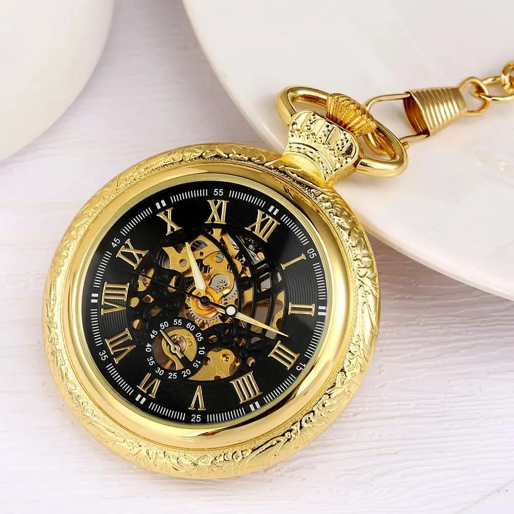 Pocket Watch Fob Chain Antique Best Gift for Men Tiong Open staple overcast caterpillar Face Gold Roman Numerals Black Dial Hand-Winding Mechanical 