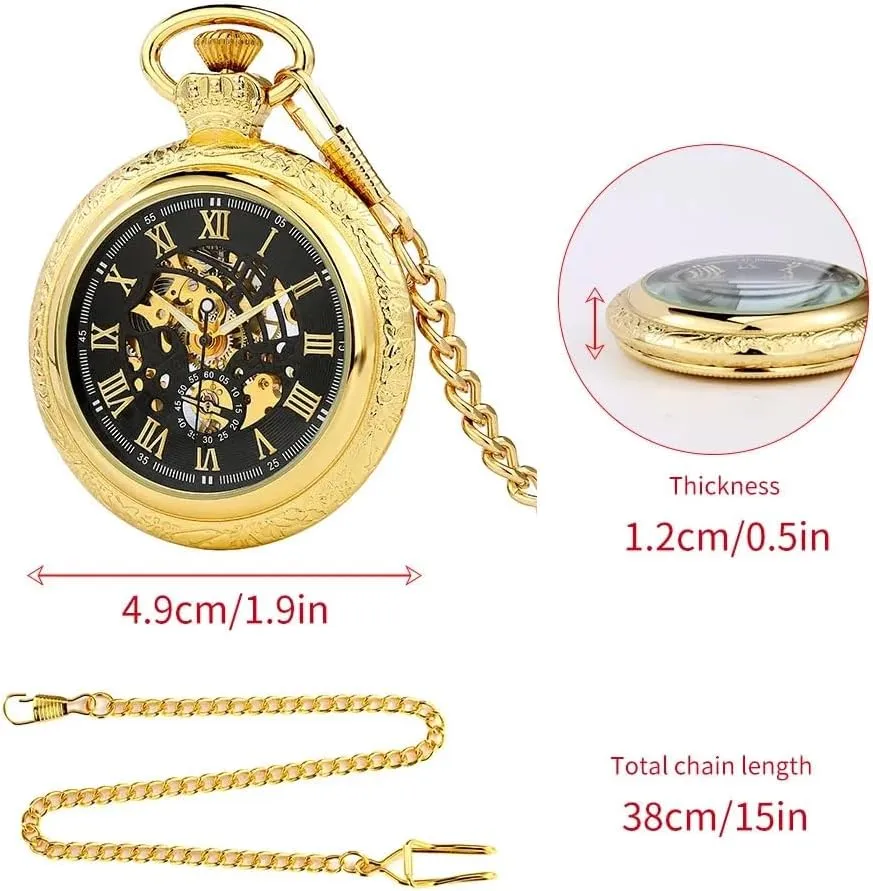 Pocket Watch Fob Chain Antique Best Gift for Men Tiong Open staple overcast caterpillar Face Gold Roman Numerals Black Dial Hand-Winding Mechanical 