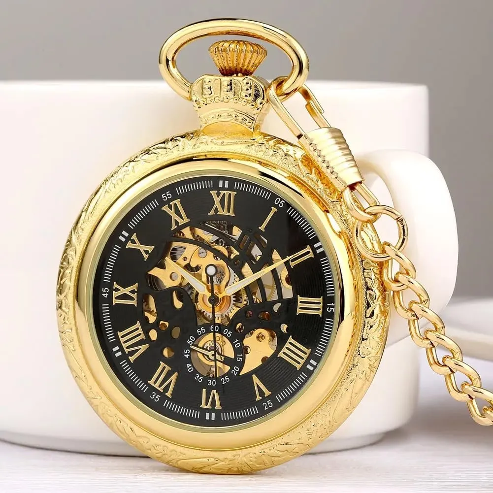 Pocket Watch Fob Chain Antique Best Gift for Men Tiong Open staple overcast caterpillar Face Gold Roman Numerals Black Dial Hand-Winding Mechanical 