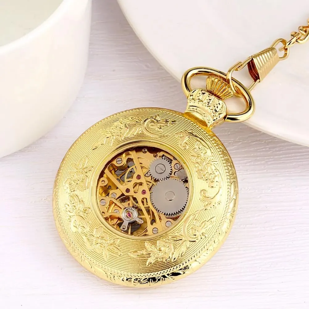 Pocket Watch Fob Chain Antique Best Gift for Men Tiong Open staple overcast caterpillar Face Gold Roman Numerals Black Dial Hand-Winding Mechanical 