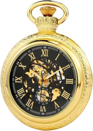 Pocket Watch Fob Chain Antique Best Gift for Men Tiong Open staple overcast caterpillar Face Gold Roman Numerals Black Dial Hand-Winding Mechanical 