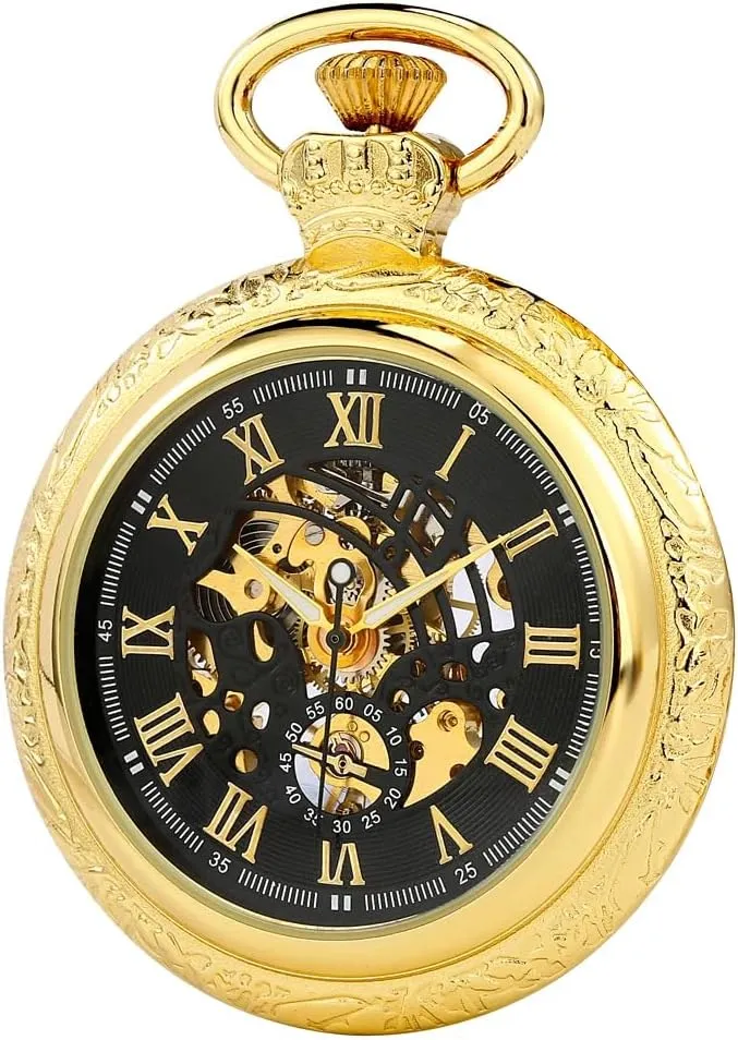 Pocket Watch Fob Chain Antique Best Gift for Men Tiong Open staple overcast caterpillar Face Gold Roman Numerals Black Dial Hand-Winding Mechanical 