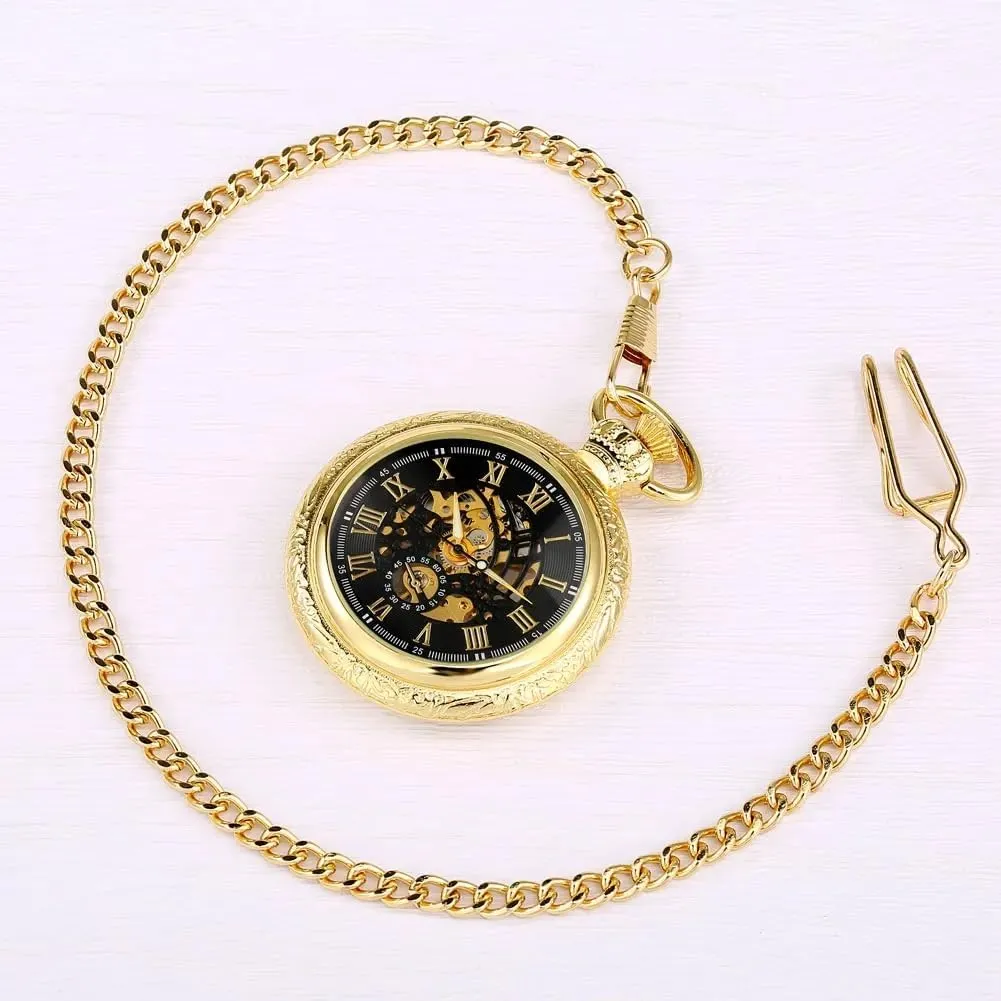 Pocket Watch Fob Chain Antique Best Gift for Men Tiong Open staple overcast caterpillar Face Gold Roman Numerals Black Dial Hand-Winding Mechanical 
