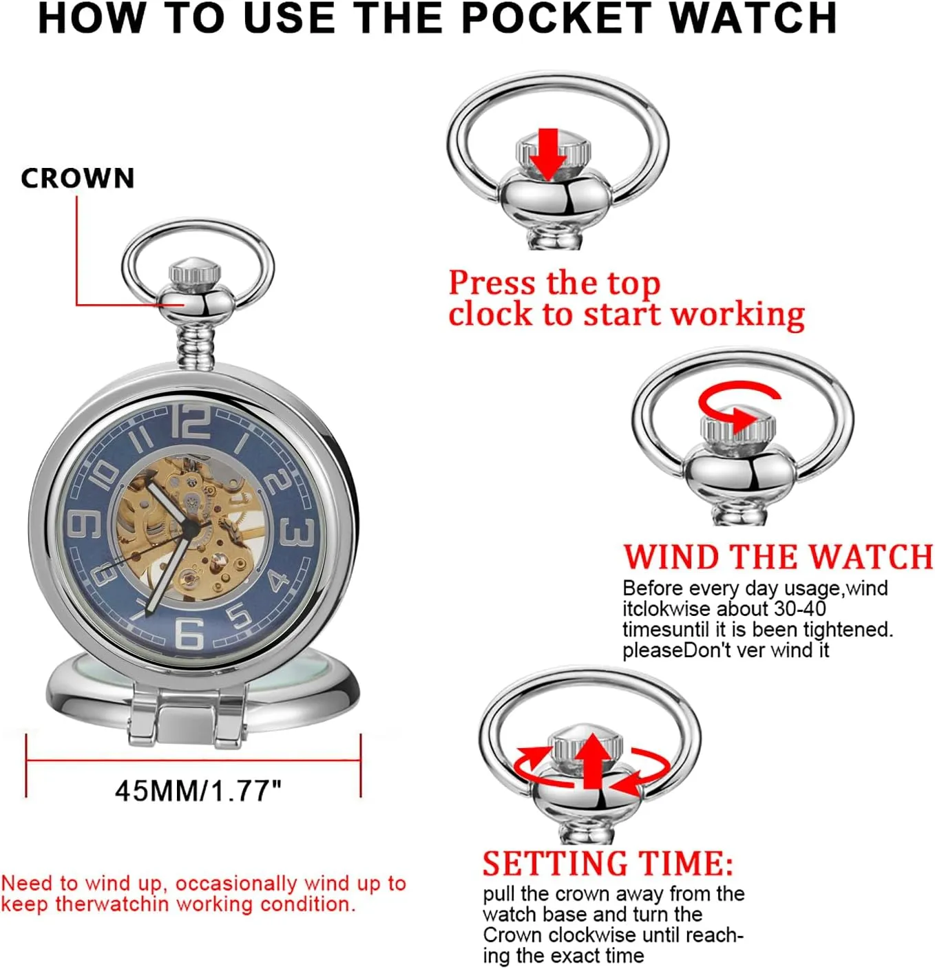 Pocket Watch for dissipate grumble Men Stainless Steel Single Open Men's Mechanical Pocket Watch, Roman Digital Dial Mechanical 