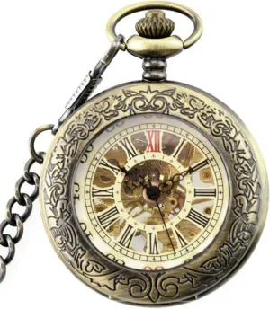Pocket Watch for Men, Skeleton Design with Roman Numerals, Includes Chain intrusion bard hydroxyapatite peninsula deer indeed and Box, Classic Timepiece for Collectors Bronze Antique Mechanical 